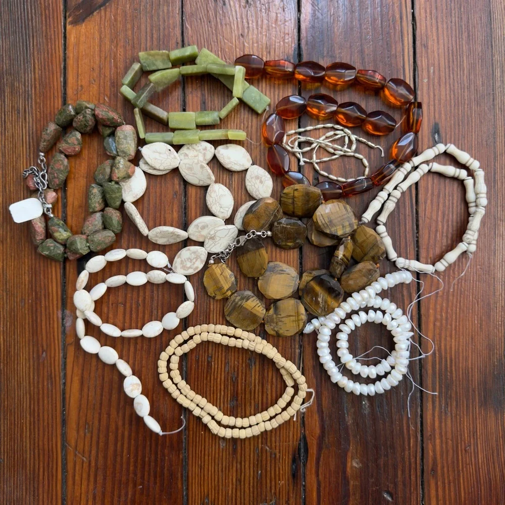Mixed natural and faux stone strung strand beads large and small 1lb 7oz